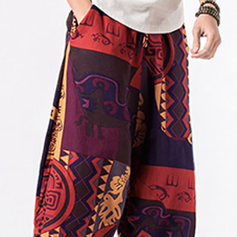 Nimara Ritual Ethnic Printing Floral Geometric Pattern Men's Harem 7-8 Length Pants With Pockets