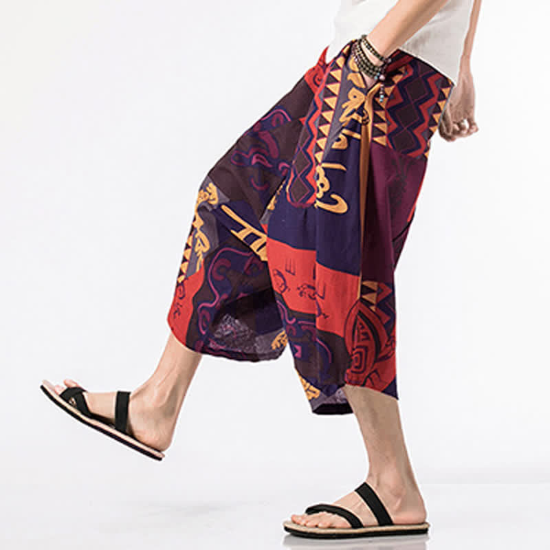 Nimara Ritual Ethnic Printing Floral Geometric Pattern Men's Harem 7-8 Length Pants With Pockets