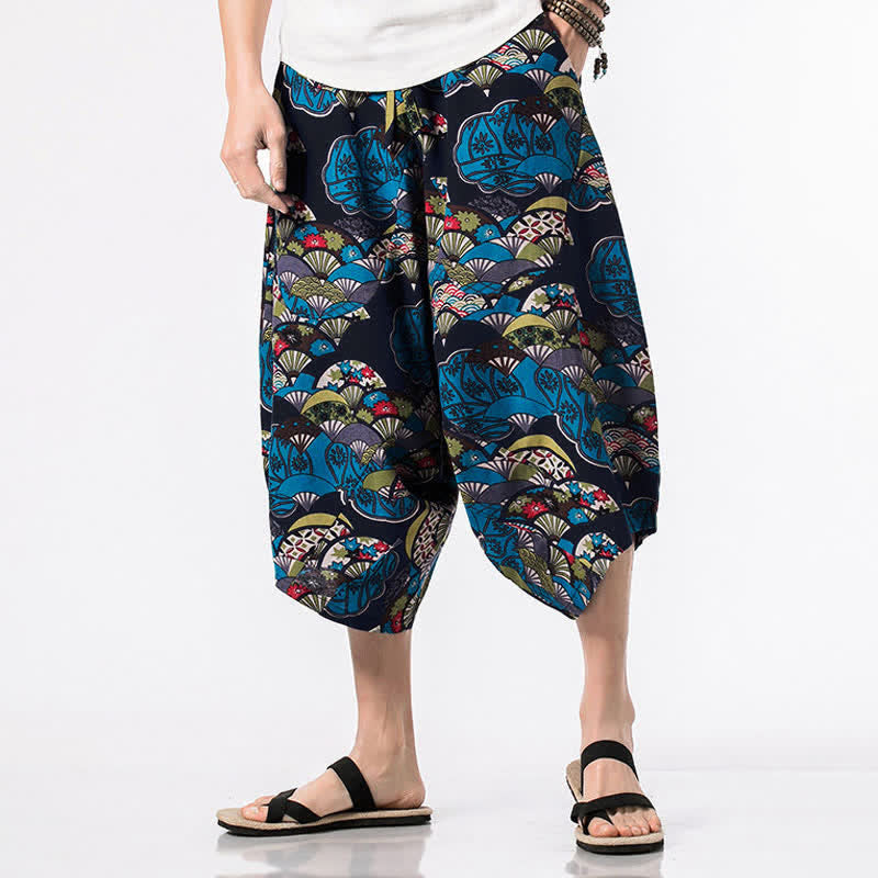 Nimara Ritual Ethnic Printing Floral Geometric Pattern Men's Harem 7-8 Length Pants With Pockets