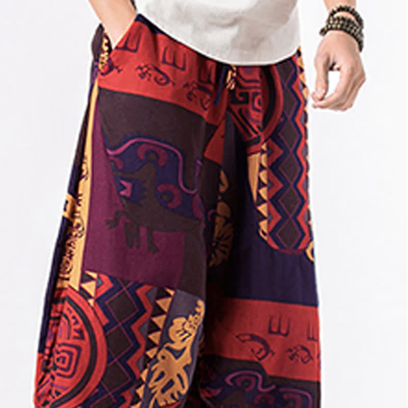 Nimara Ritual Ethnic Printing Floral Geometric Pattern Men's Harem 7-8 Length Pants With Pockets