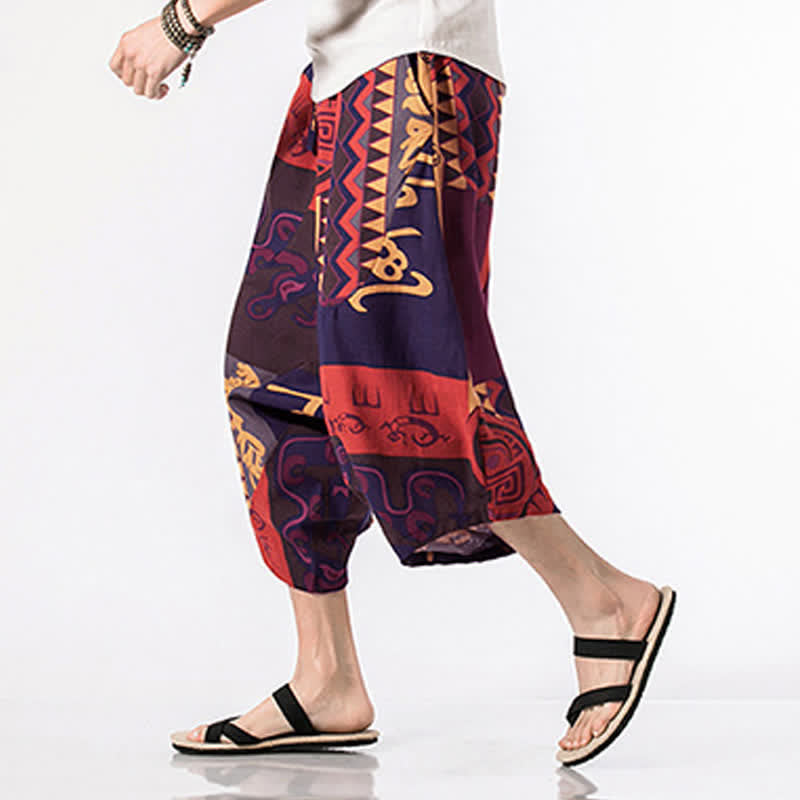 Nimara Ritual Ethnic Printing Floral Geometric Pattern Men's Harem 7-8 Length Pants With Pockets