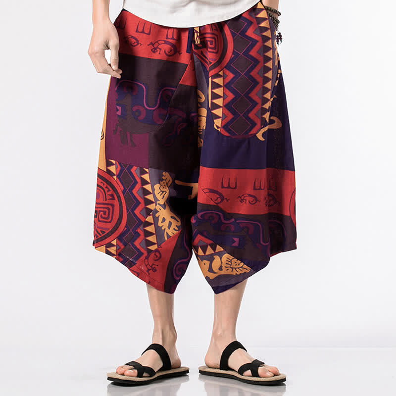 Nimara Ritual Ethnic Printing Floral Geometric Pattern Men's Harem 7-8 Length Pants With Pockets