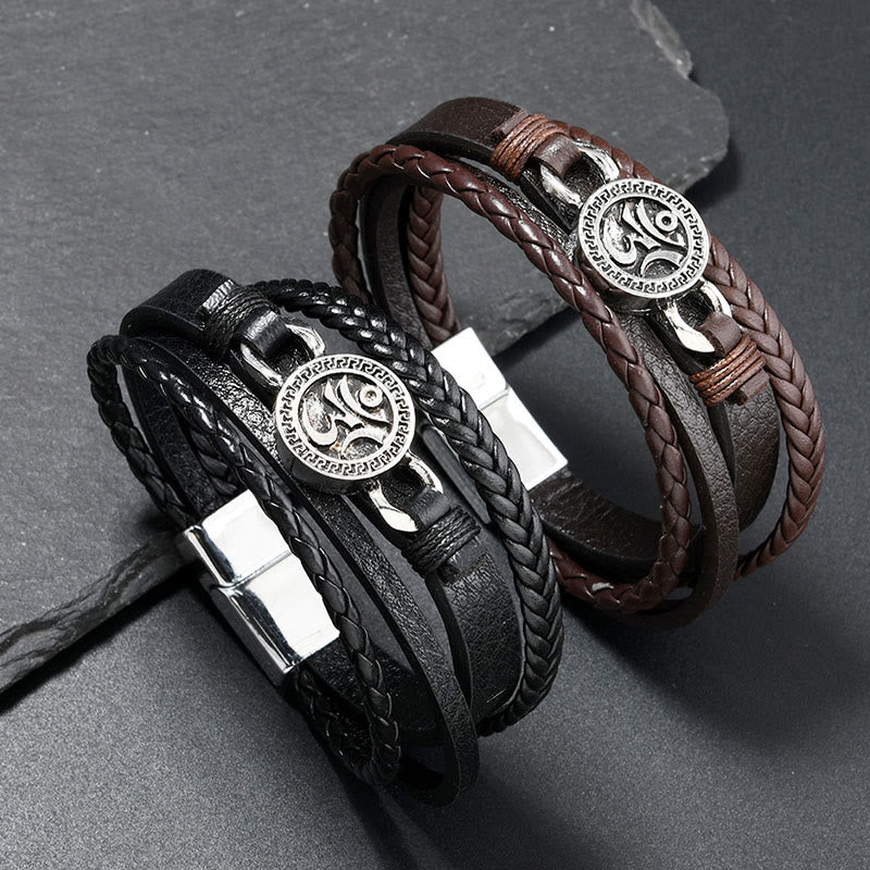 Nimara Ritual Om Round Engraved Multilayered Braided Retro Leather Bracelet