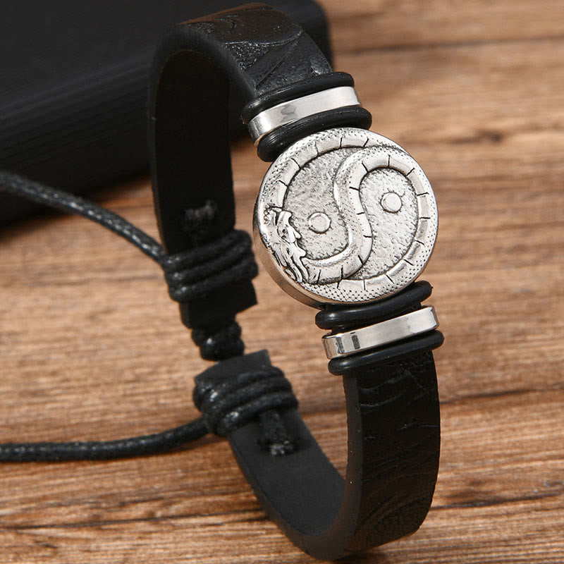 Nimara Ritual Round Engraved YIN YANG Dragon Leather Balance Bracelet