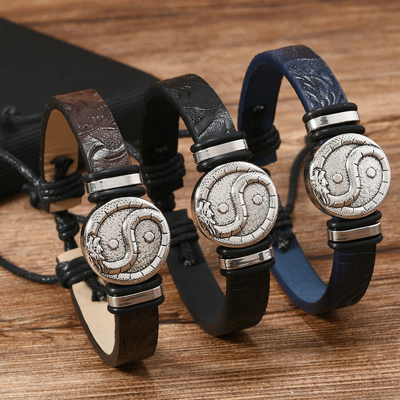 Nimara Ritual Round Engraved YIN YANG Dragon Leather Balance Bracelet