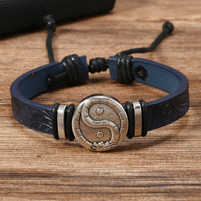 Nimara Ritual Round Engraved YIN YANG Dragon Leather Balance Bracelet
