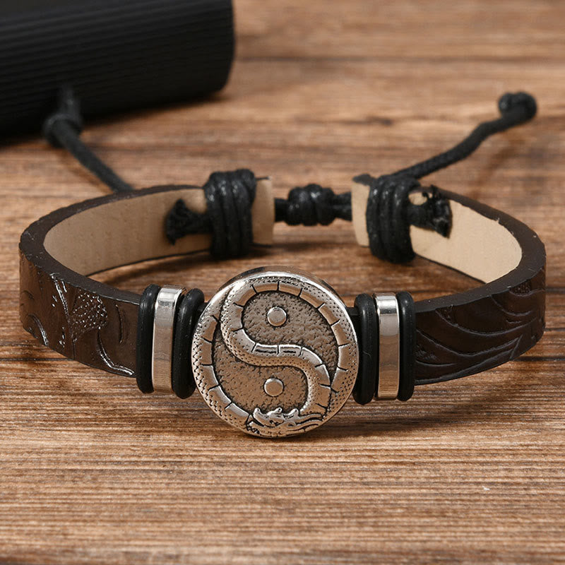 Nimara Ritual Round Engraved YIN YANG Dragon Leather Balance Bracelet