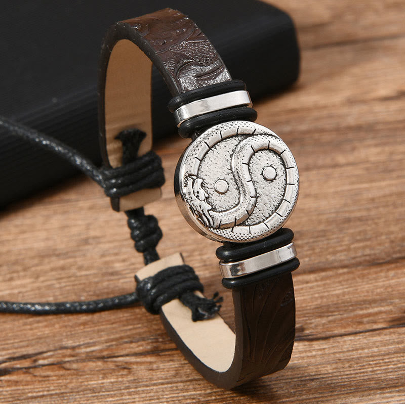 Nimara Ritual Round Engraved YIN YANG Dragon Leather Balance Bracelet