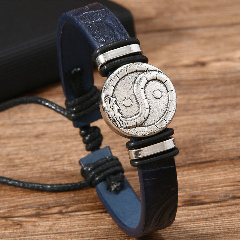 Nimara Ritual Round Engraved YIN YANG Dragon Leather Balance Bracelet