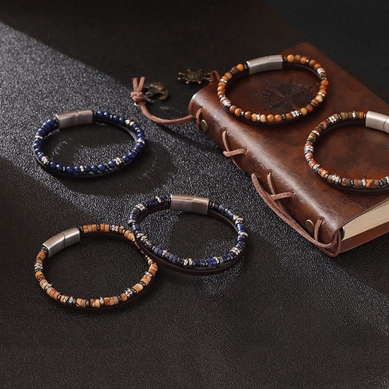 Nimara Ritual Lapis Lazuli Tiger Eye Bead Balance Leather Bracelet