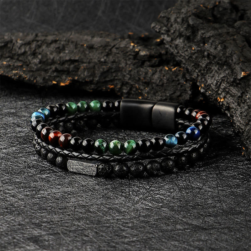 Nimara Ritual Tiger Eye Lava Rock Bead Braided Strength Leather Bracelet