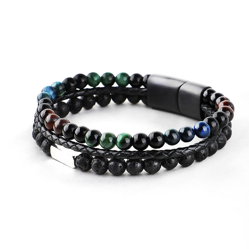 Nimara Ritual Tiger Eye Lava Rock Bead Braided Strength Leather Bracelet