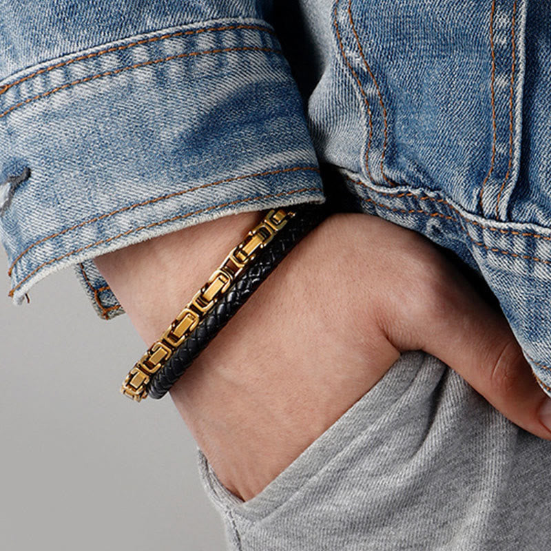 Nimara Ritual Link Chain Double Wrap Braided Leather Balance Bracelet