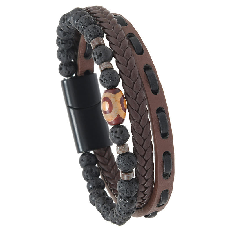Nimara Ritual Dzi Bead Lava Rock Multilayered Braided Leather Wealth Bracelet