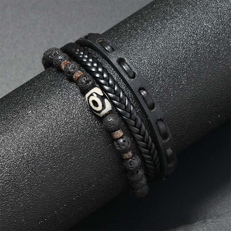 Nimara Ritual Dzi Bead Lava Rock Multilayered Braided Leather Wealth Bracelet