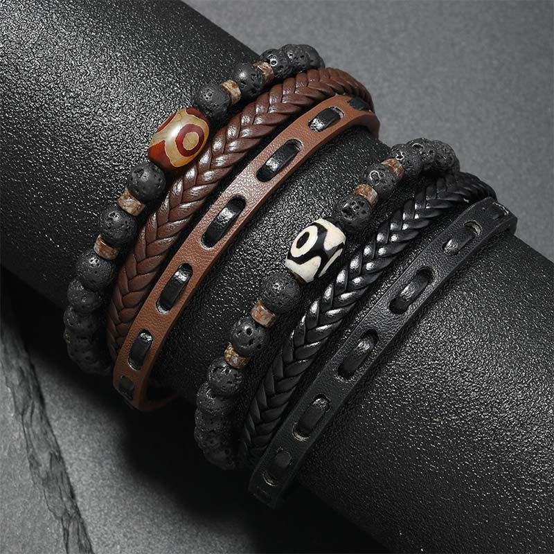 Nimara Ritual Dzi Bead Lava Rock Multilayered Braided Leather Wealth Bracelet