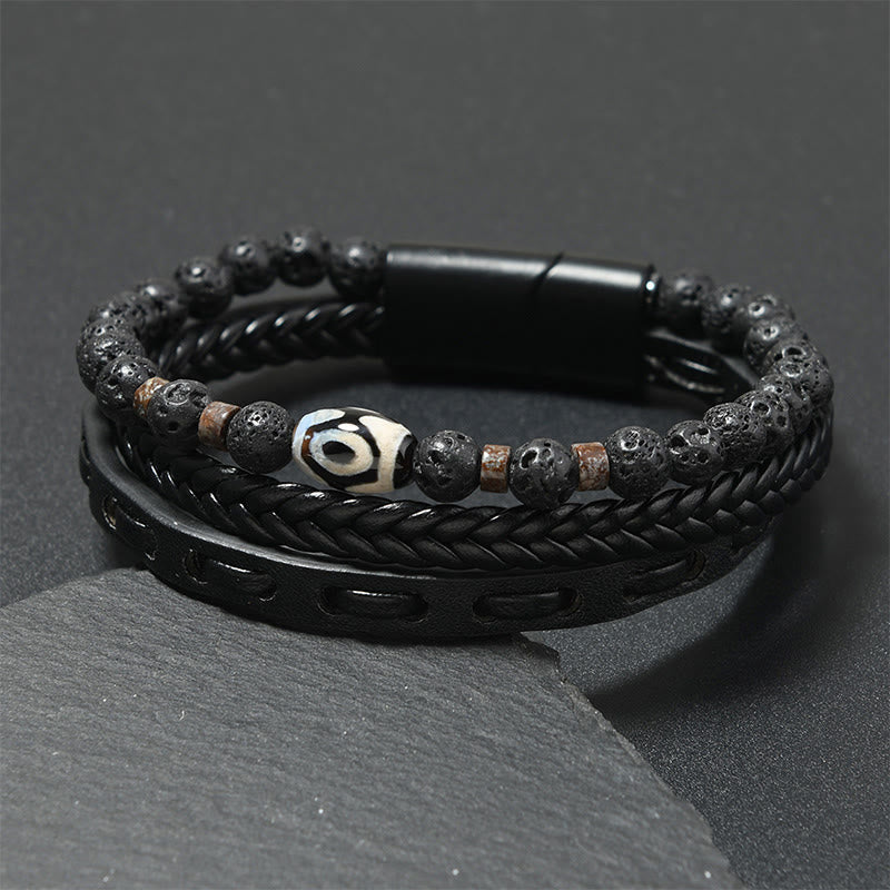 Nimara Ritual Dzi Bead Lava Rock Multilayered Braided Leather Wealth Bracelet