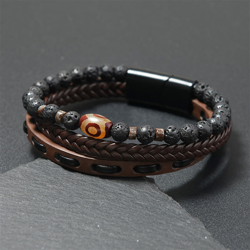 Nimara Ritual Dzi Bead Lava Rock Multilayered Braided Leather Wealth Bracelet
