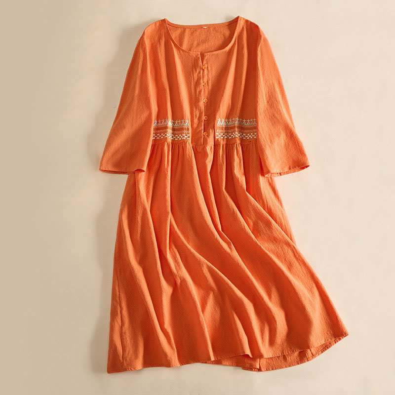 Nimara Ritual Embroidery Geometry Half Sleeve Women's Midi Dress With Pockets