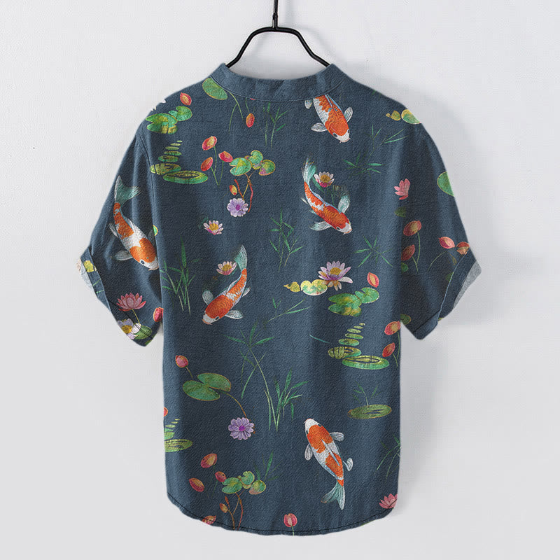 Nimara Ritual Cotton Koi Fish Lotus Pattern Men's Short Sleeve Half Button Shirt