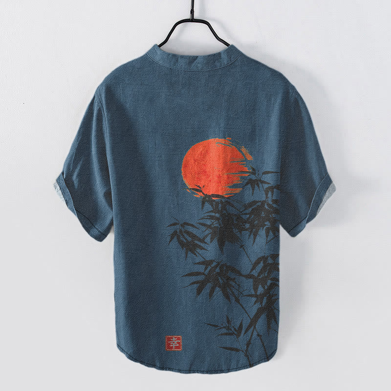 Nimara Ritual Cotton Simple Red Sun Bamboo Pattern Men's Short Sleeve Half Button Shirt
