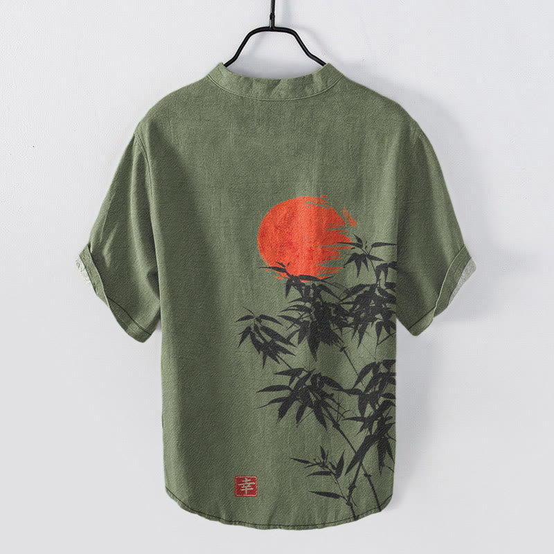 Nimara Ritual Cotton Simple Red Sun Bamboo Pattern Men's Short Sleeve Half Button Shirt