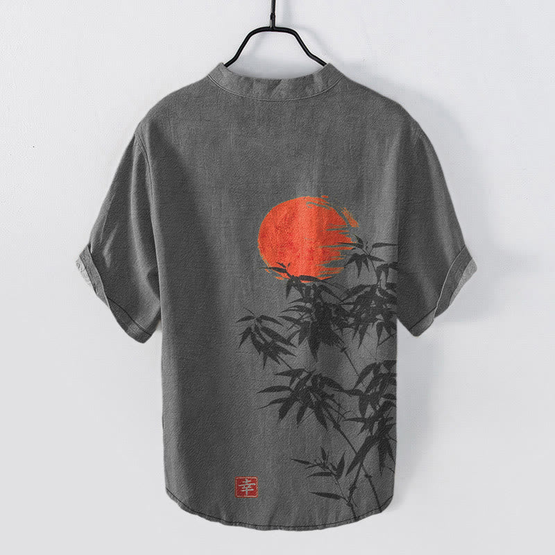 Nimara Ritual Cotton Simple Red Sun Bamboo Pattern Men's Short Sleeve Half Button Shirt