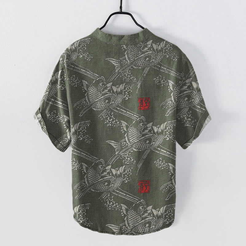 Nimara Ritual Cotton Koi Fish Bamboo Pattern Men's Short Sleeve Half Button Shirt