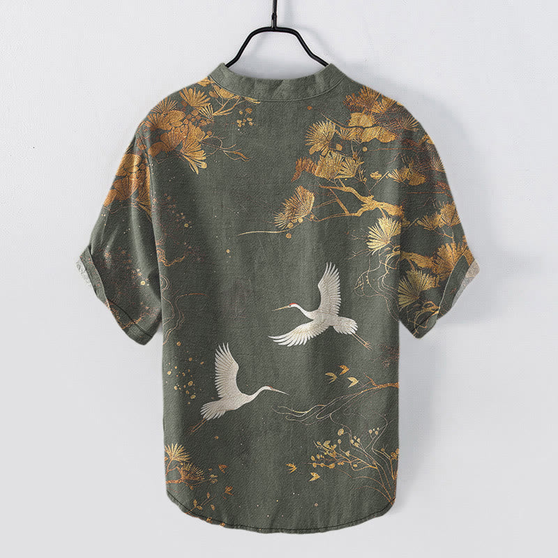 Nimara Ritual Cotton Pine Tree White Crane Pattern Men's Short Sleeve Half Button Shirt