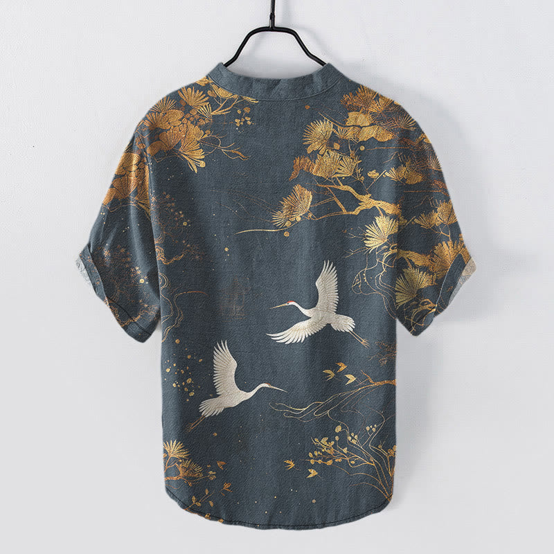 Nimara Ritual Cotton Pine Tree White Crane Pattern Men's Short Sleeve Half Button Shirt