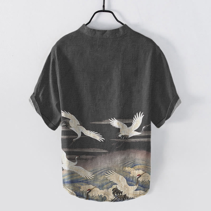 Nimara Ritual Cotton Crane Waves Pattern Men's Short Sleeve Half Button Shirt