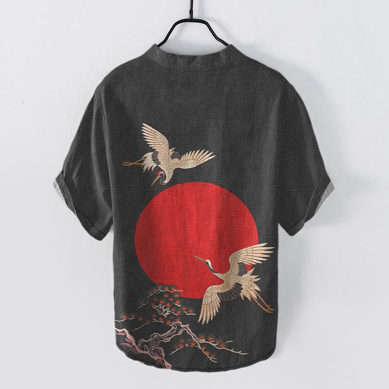 Nimara Ritual Cotton Simple Crane Red Sun Pine Pattern Men's Short Sleeve Half Button Shirt