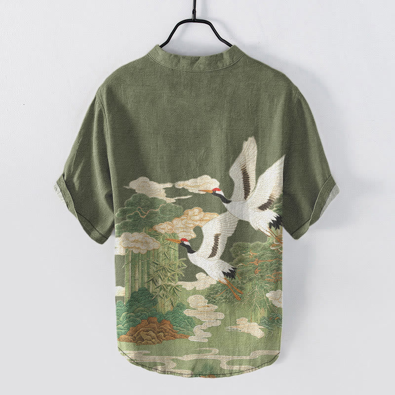 Nimara Ritual Cotton Crane Auspicious Clouds Landscapes Pattern Men's Short Sleeve Half Button Shirt