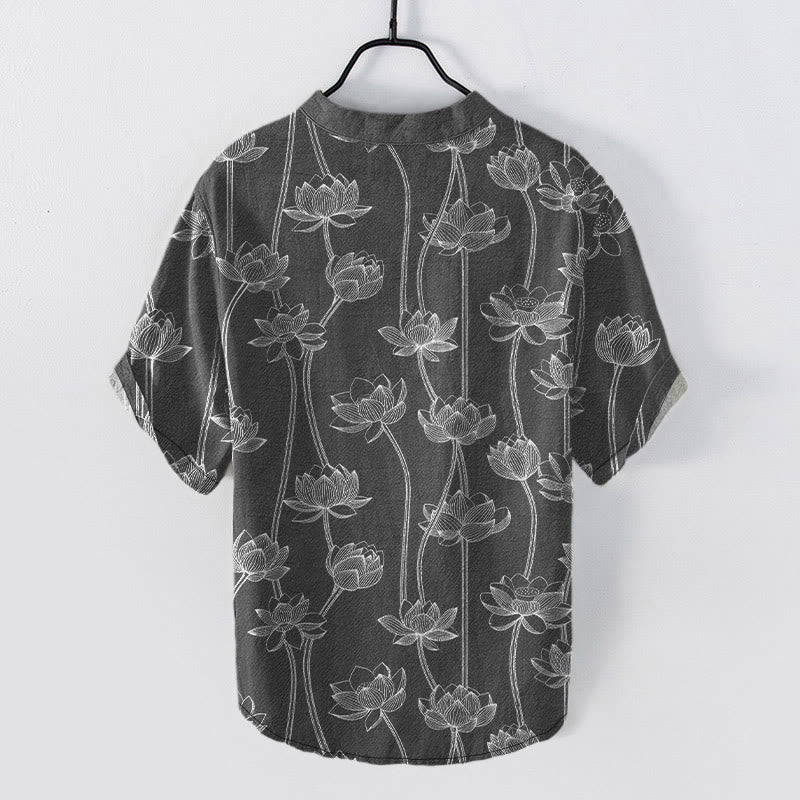 Nimara Ritual Cotton Harmonious Lotus Pattern Men's Short Sleeve Half Button Shirt