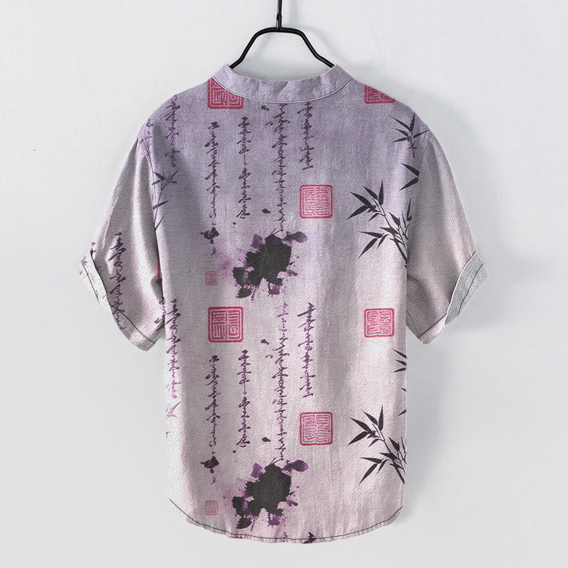 Nimara Ritual Cotton Gradient Calligraphy Bamboo Ink Painting Pattern Men's Short Sleeve Half Button Shirt