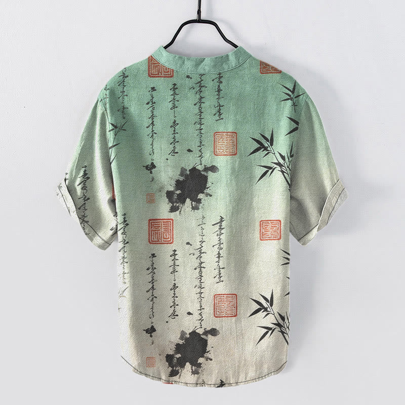 Nimara Ritual Cotton Gradient Calligraphy Bamboo Ink Painting Pattern Men's Short Sleeve Half Button Shirt