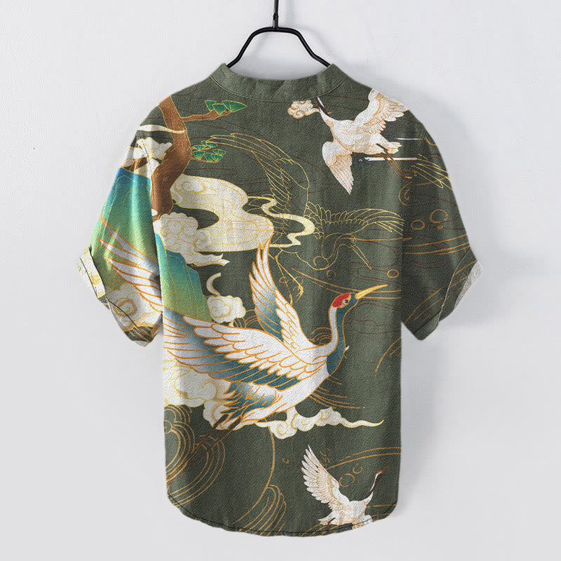 Nimara Ritual Cotton Crane Auspicious Clouds Pine Pattern Men's Short Sleeve Half Button Shirt
