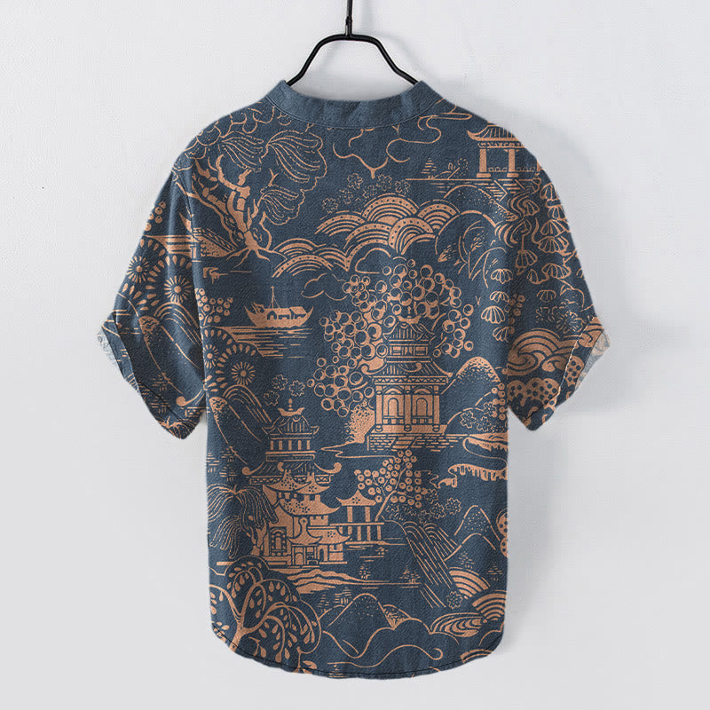 Nimara Ritual Cotton Nature Towers Landscape Pattern Men's Short Sleeve Half Button Shirt