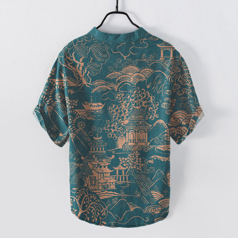 Nimara Ritual Cotton Nature Towers Landscape Pattern Men's Short Sleeve Half Button Shirt