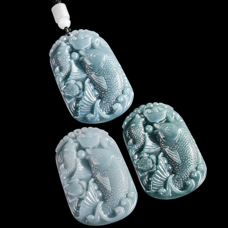Nimara Ritual Natural Jade Carving Double Koi Fish Rope Prosperity Necklace Pendant