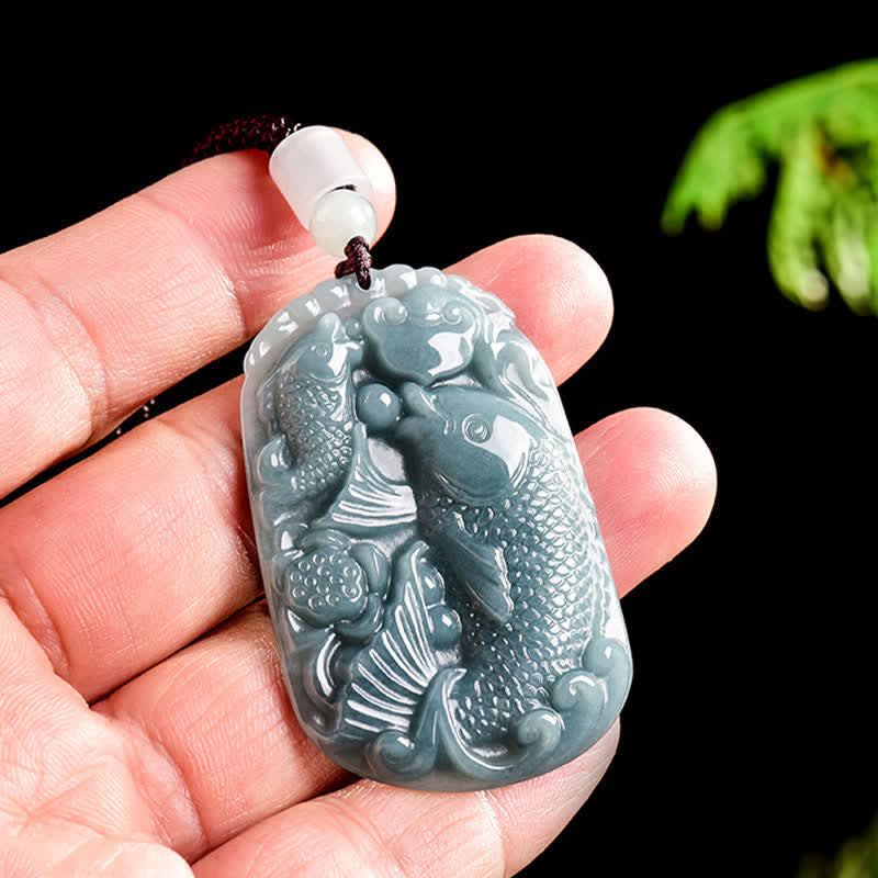 Nimara Ritual Natural Jade Carving Double Koi Fish Rope Prosperity Necklace Pendant