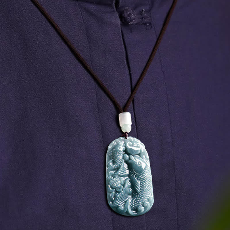 Nimara Ritual Natural Jade Carving Double Koi Fish Rope Prosperity Necklace Pendant