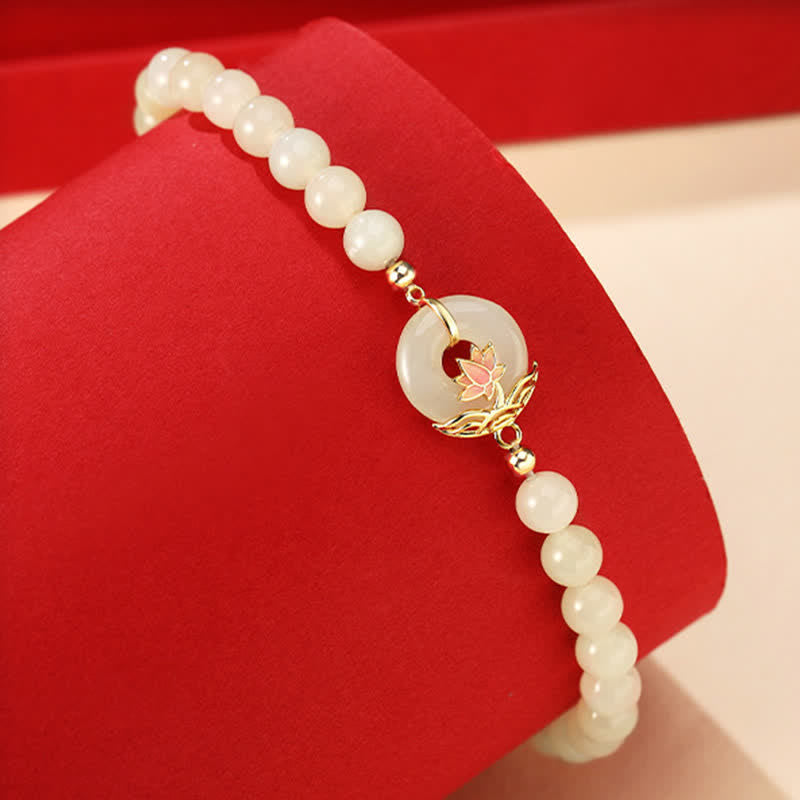 Nimara Ritual 925 Sterling Silver Hetian White Jade Lotus Symbol Peace Buckle Harmony Beaded Bracelet