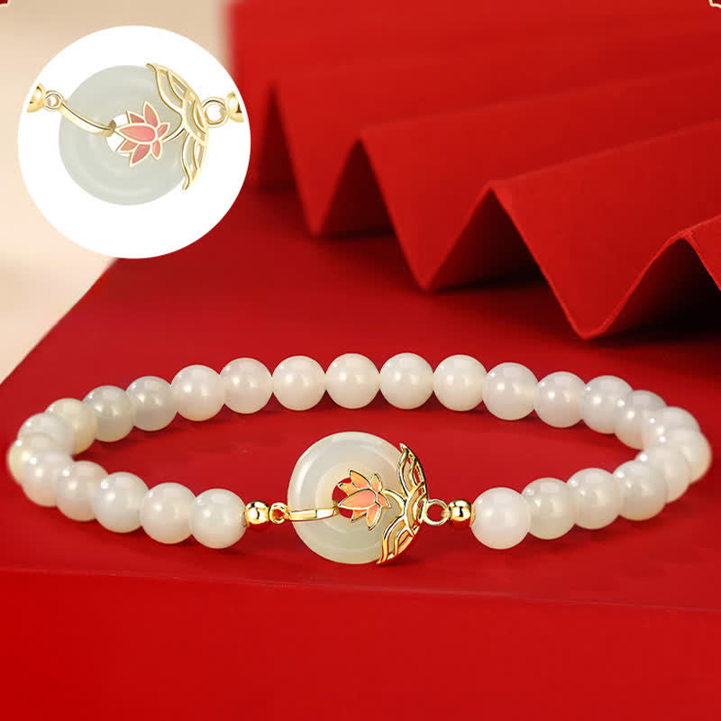 Nimara Ritual 925 Sterling Silver Hetian White Jade Lotus Symbol Peace Buckle Harmony Beaded Bracelet