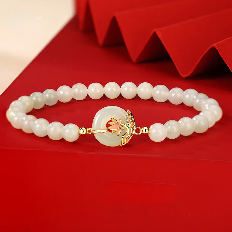 Nimara Ritual 925 Sterling Silver Hetian White Jade Lotus Symbol Peace Buckle Harmony Beaded Bracelet