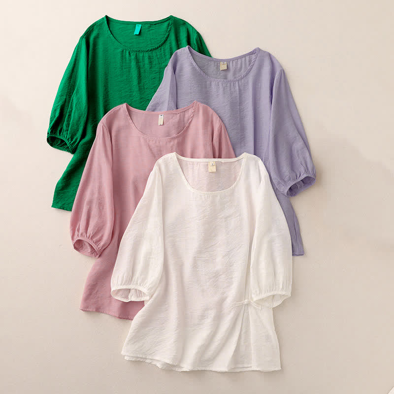 Nimara Ritual Solid Color Frog-Button Design Puff Short Sleeve Women's T-Shirt
