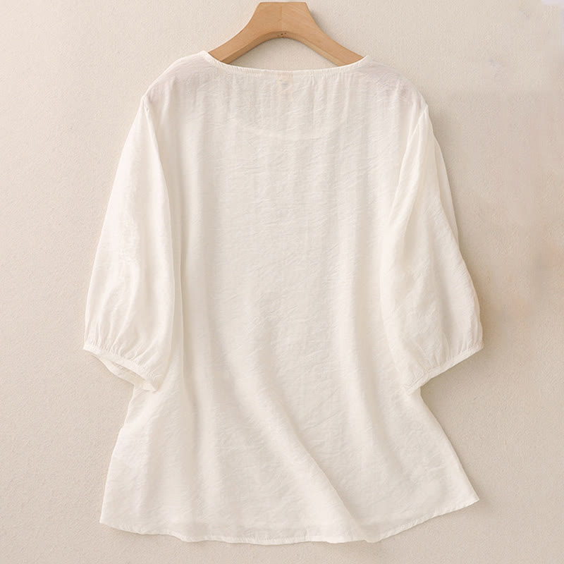 Nimara Ritual Solid Color Frog-Button Design Puff Short Sleeve Women's T-Shirt