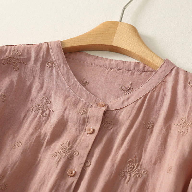 Nimara Ritual Retro Embroidered Floral Short Sleeve Women's Buttons Shirt