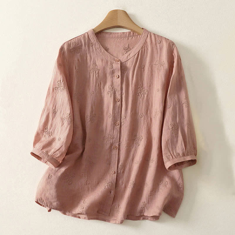 Nimara Ritual Retro Embroidered Floral Short Sleeve Women's Buttons Shirt