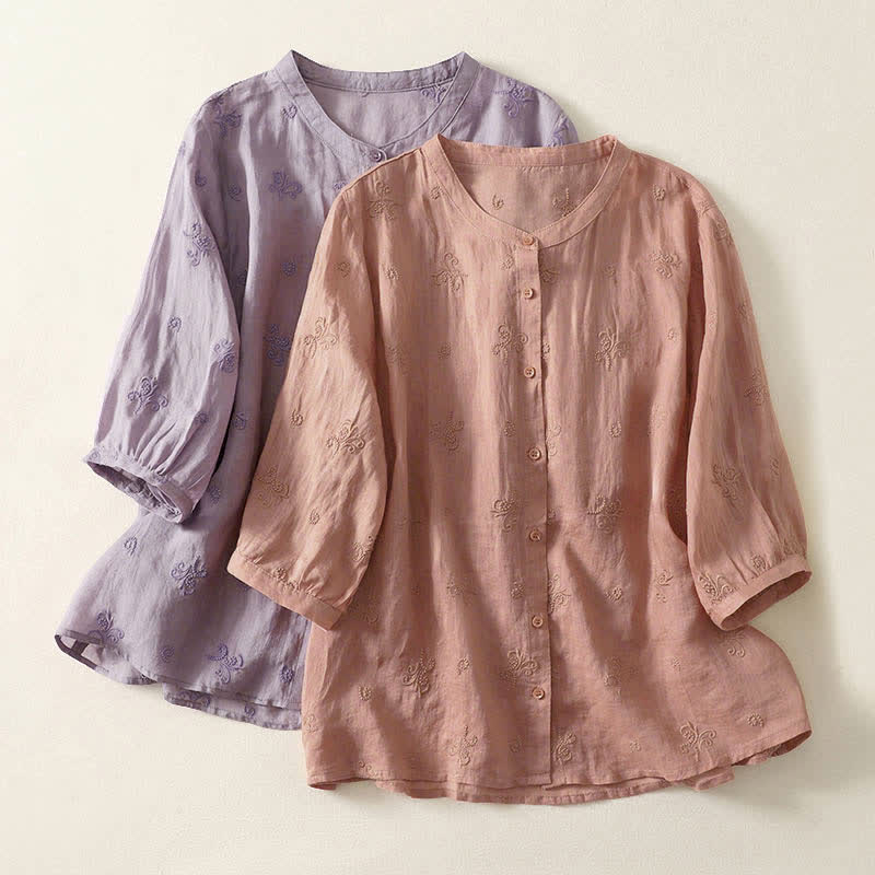 Nimara Ritual Retro Embroidered Floral Short Sleeve Women's Buttons Shirt